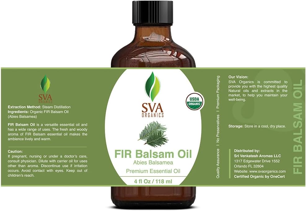 SVA Fir Balsam Essential Oil Organic – 4 Fl Oz – 100% Natural Organic Fir Oil - for Diffuser, Hair Care, Face, Skin Care, Aromatherapy, Scalp and Body Massage, Soap and Candle Making – with Dropper