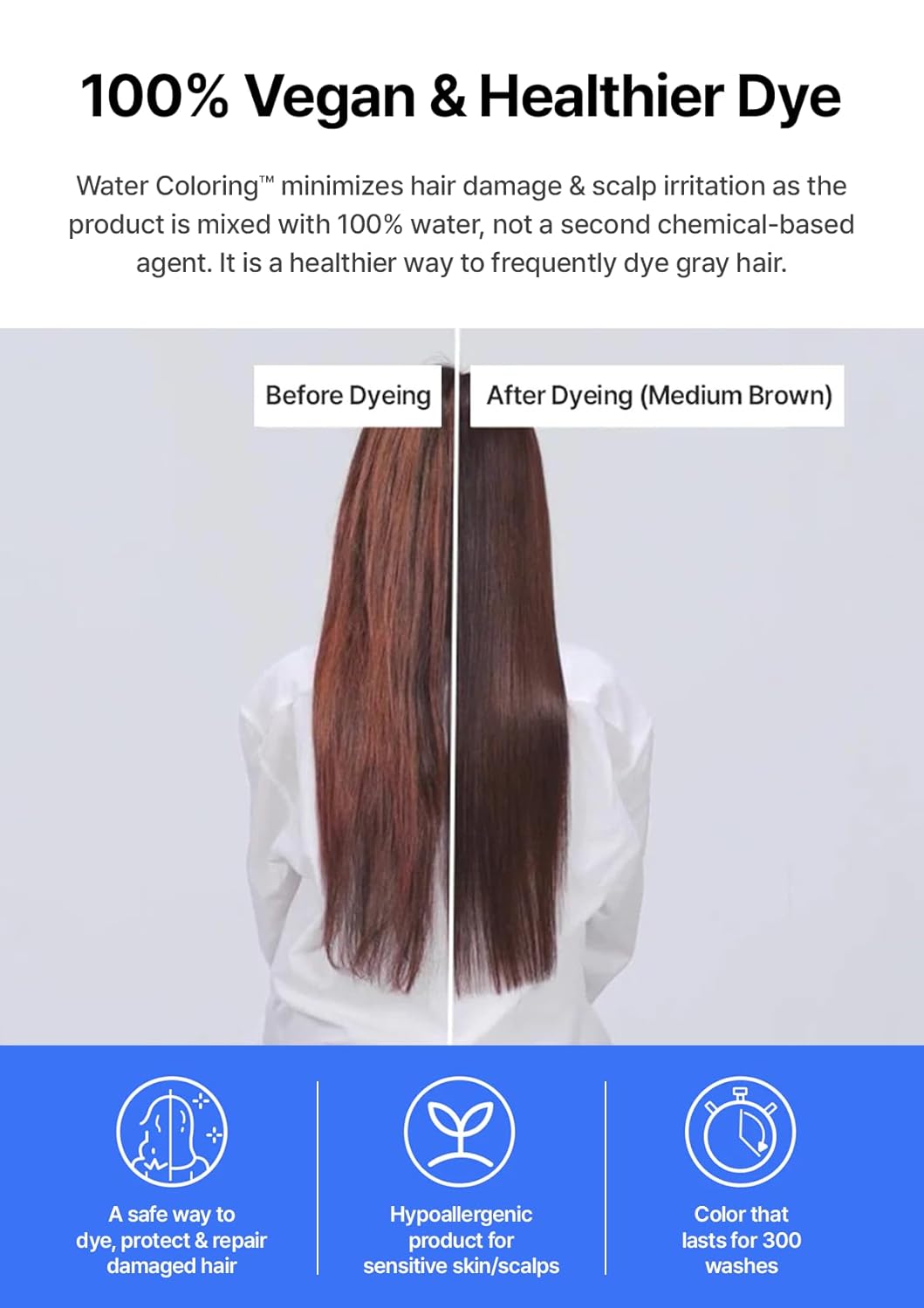 Korean Water Coloring for Gray Hair Coverage Dye, Medium Brown, 3 Packets, Quick & Natural Hair Tint, Vegan & Cruelty-Free Gray Cover, For All Hair Types, 30g (1.05 oz)