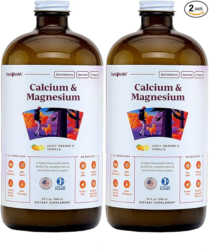 LIQUIDHEALTH Calcium & Magnesium Adult Liquid Vitamin Supplement - Bone, Joint, Muscle, Connective Tissue Support, Heart Health, Essential Nutrients - Great Taste, Vegan, Non GMO, Sugar-Free (2 Pack)