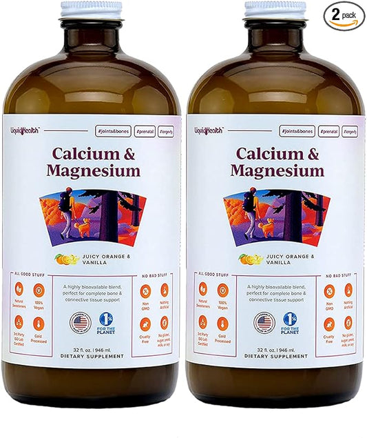LIQUIDHEALTH Calcium & Magnesium Adult Liquid Vitamin Supplement - Bone, Joint, Muscle, Connective Tissue Support, Heart Health, Essential Nutrients - Great Taste, Vegan, Non GMO, Sugar-Free (2 Pack)