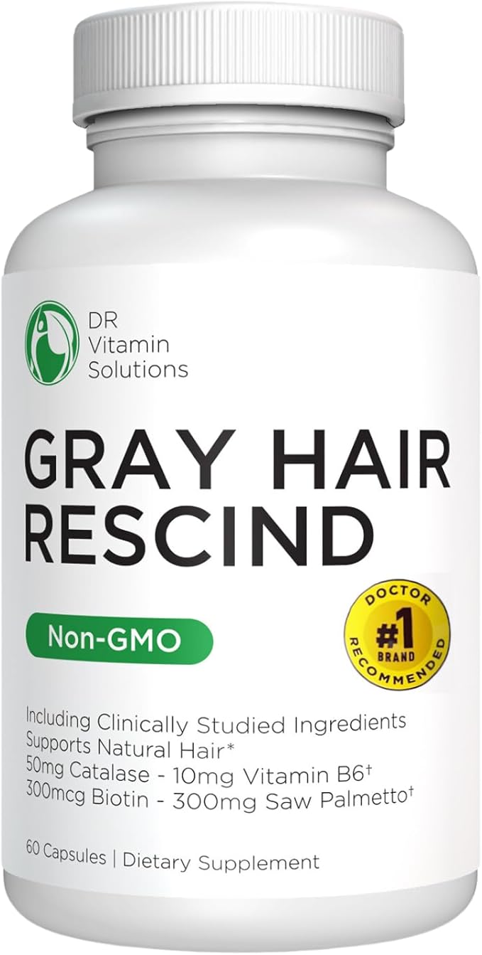 Gray Hair Rescind with Catalase - Antiaging Hair, Skin and Nails Vitamins, Pantothenic Acid, Folic Acid 400mcg, Biotin 300mcg, Saw Palmetto for Men and Women