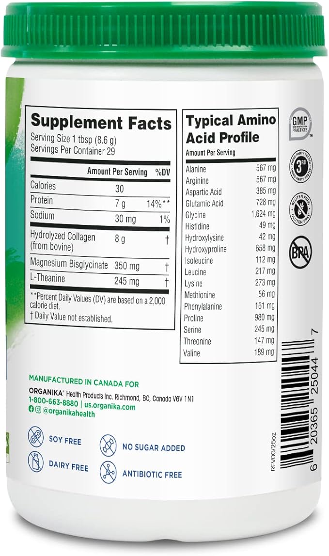 Organika Enhanced Collagen Relax Powder with Magnesium Bisglycinate and L-Theanine - Aids in Sleep, Sustained Energy Levels Throughout The Day- 250g