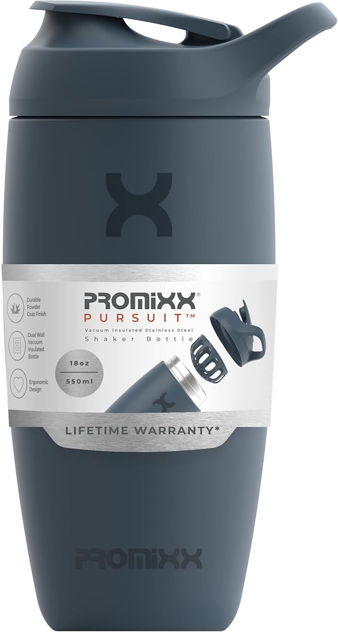 Promixx Pursuit Shaker Bottle Insulated Stainless Steel Water Bottle and Blender Cup, 18oz, Midnight Blue
