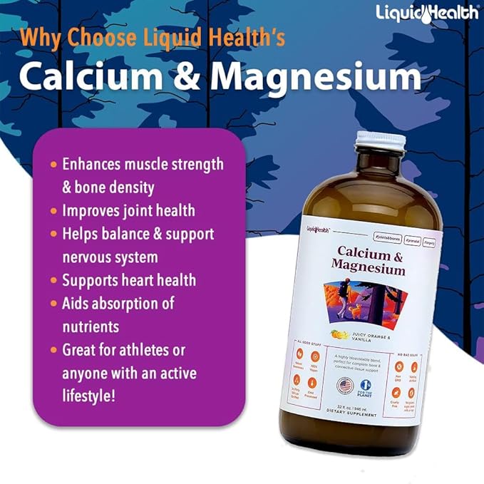LIQUIDHEALTH Calcium & Magnesium Adult Liquid Vitamin Supplement - Bone, Joint, Muscle, Connective Tissue Support, Heart Health, Essential Nutrients - Great Taste, Vegan, Non GMO, Sugar-Free (32 oz)