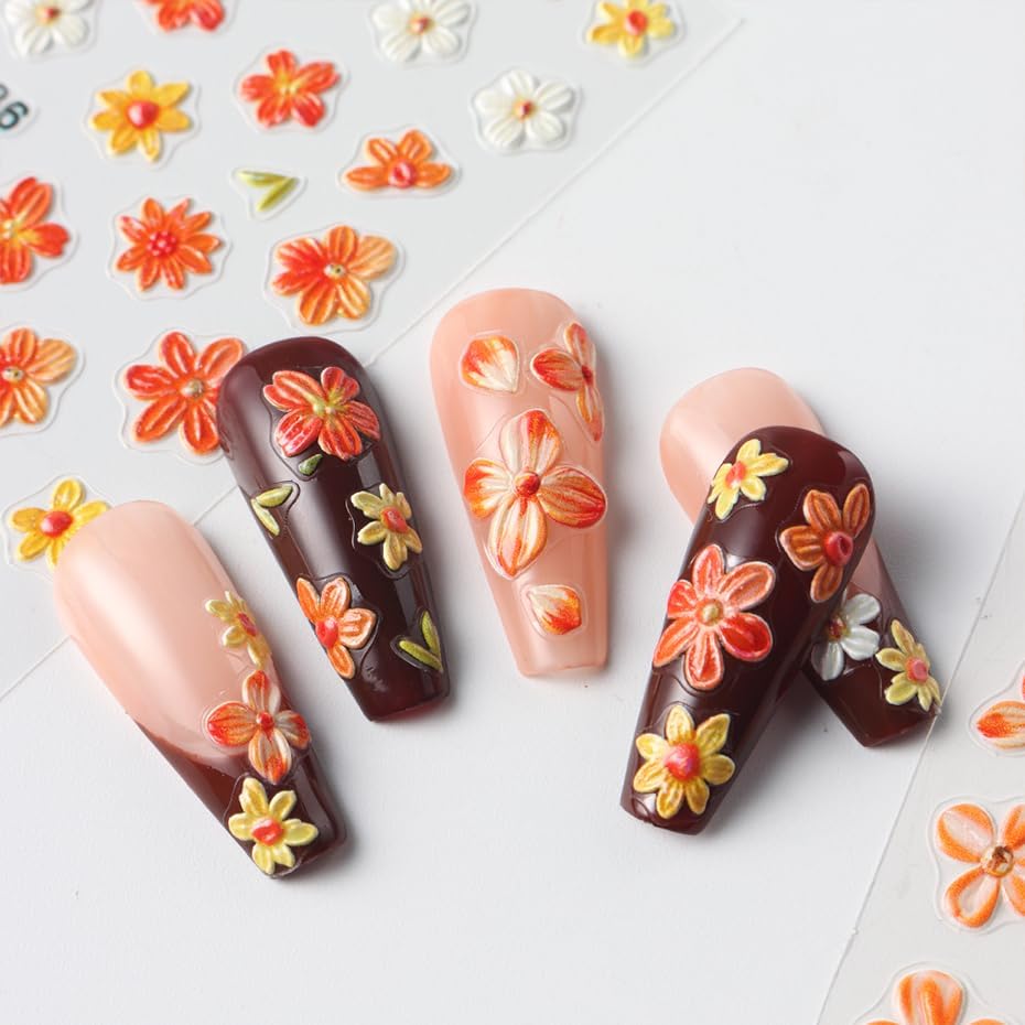 Fall Flowers Nail Art Stickers, Fall Gradient Orange Flower Nail Decals 5d Embossed Small Yellow Flower 2Pcs Nail Art Supplies for Women Nail Decoration