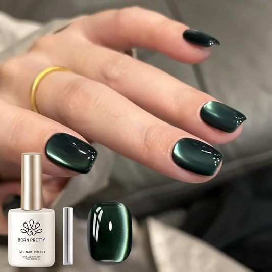 Born Pretty Cat Magnetic Gel Nail Polish, Retro Green Gel Polish Crystal Cat Holographic Magnetic Nail Polish Nail Art Manicure Salon DIY at Home 15ML