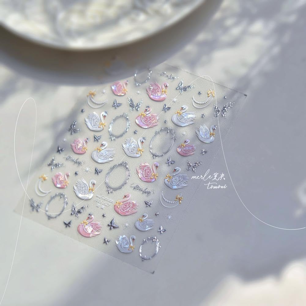 1 Sheet Swan Nail Stickers 5D Embossed Pink Animal Print Nail Art Stickers Self-Adhesive Yellow Bow Nail Decals Silver Butterfly Nail Designs Pearl Frame Nail Art Decoration for Women Manicure