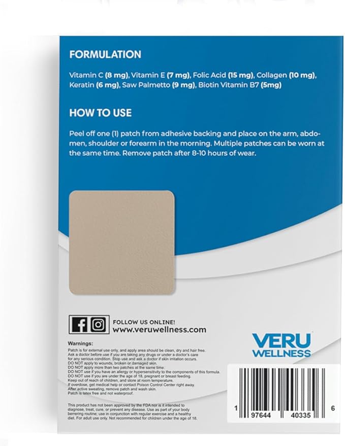 Veru Wellness Biotin Plus Daily Patch - B7, Collagen - Self Adhesive Time Release Patch (60 Day)