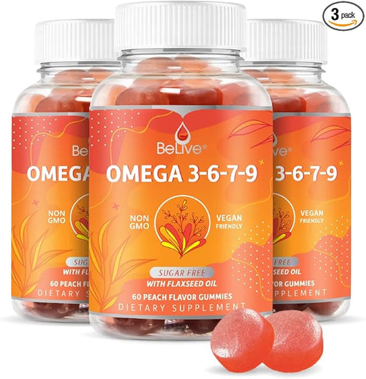 BeLive Organic Omega 3 Gummies - Omega 3 6 9 7 DHA & EPA from Flaxseed Oil & Sea Buckthorn Fruit Oil, Vegan Omega 3 for Kids & Adults, Full Body, Brain & Eye Support, Sugar Free – Peach | 3-Pack
