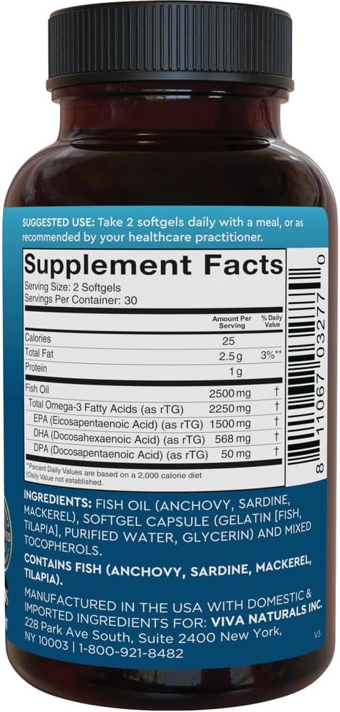 Viva Naturals Triple Strength Omega 3 Fish Oil Supplement - 2500 mg Fish Oil with Re-Esterified Omega 3 Fatty Acids Including EPA, DHA DPA - 60 Pescatarian-Friendly Softgels