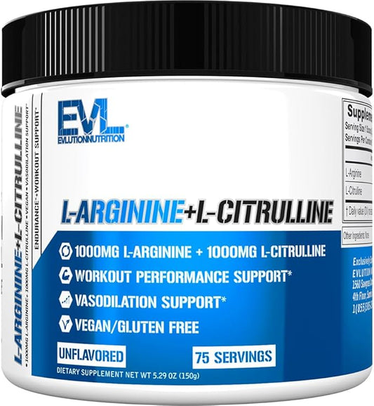 Evlution Nutrition L-Arginine + L-Citrulline - Endurance + Workout Performance Supplement - 2000mg Complex - Vasodilation + Nitric Oxide Support - Vegan + Gluten Free Powder - 75 Servings