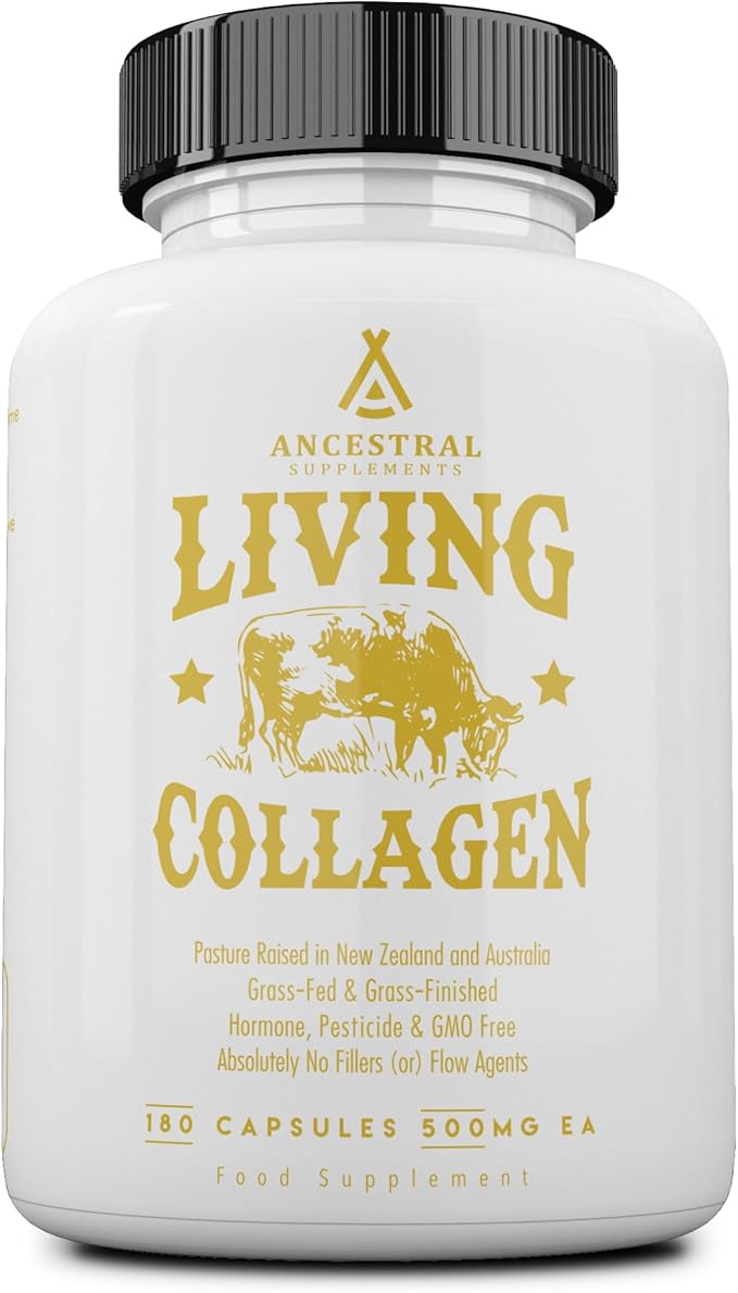 Ancestral Supplements Grass Fed Beef Living Collagen Nutritional Powder Supplement, 3000mg, Promotes Healthier, Younger Looking Skin, Hair, Nails and Joints, Type II, 180 Capsules