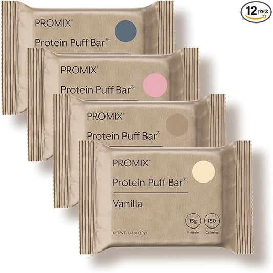 Promix Protein Puff Bars, 12-Pack - Variety Pack - Vanilla, Chocolate, Strawberry, Blueberry - Marshmallow Crispy Treat - High Protein & Low Calorie