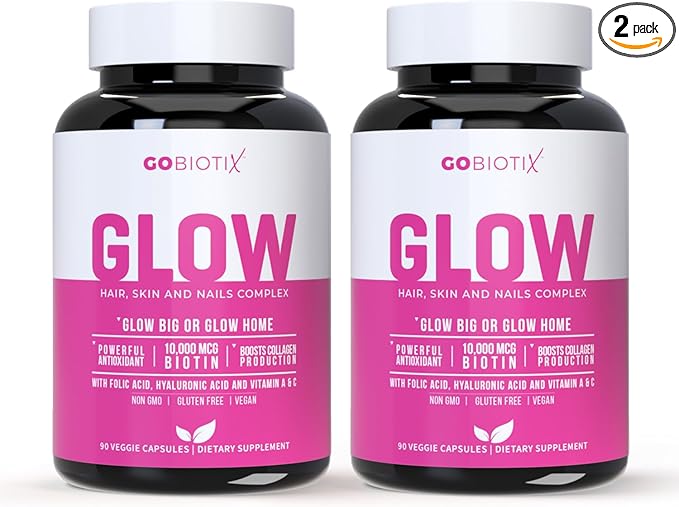 Glow Vitamins - Hair Skin and Nails Multivitamin Supplement - 10,000mcg Biotin Pills with Hyaluronic Acid, Folate, Iron, Magnesium, and Zinc - Boosts Collagen Production, Hair Growth, 180 Capsules