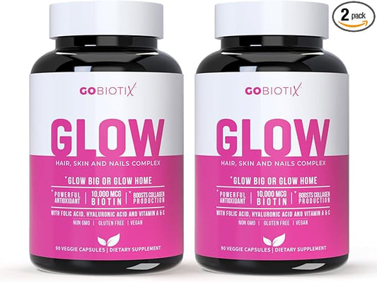 Glow Vitamins - Hair Skin and Nails Multivitamin Supplement - 10,000mcg Biotin Pills with Hyaluronic Acid, Folate, Iron, Magnesium, and Zinc - Boosts Collagen Production, Hair Growth, 180 Capsules