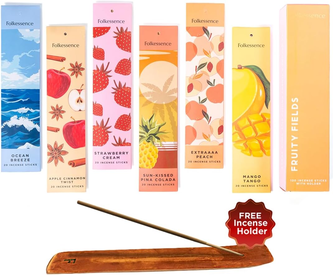 Folkulture Incense Sticks with Holder | Set of 6 (120) Organic Fall Insence-Sticks with 45 Mins Burn Time | Strawberry, Mango, Ocean Breeze, Pineapple Incenses or Fall Scents | Non Toxic Inscents
