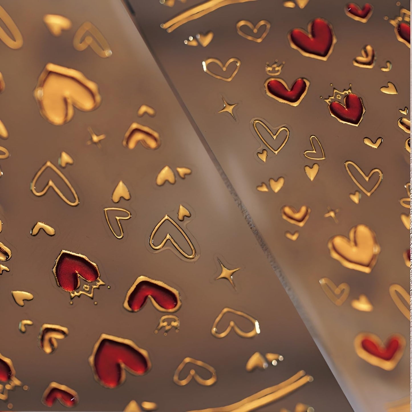 Red Valentine's Day Nail Stickers - 5D Embossed Heart Decals for Nail Art Design - Gold Heart Supplies for Women DIY Manicure Decoration