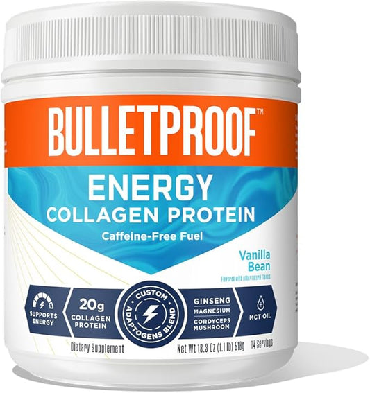 Bulletproof Vanilla Bean Energy Collagen Protein Powder, 18.3 Ounces, Caffeine-Free Fuel with Vitamins and Antioxidants