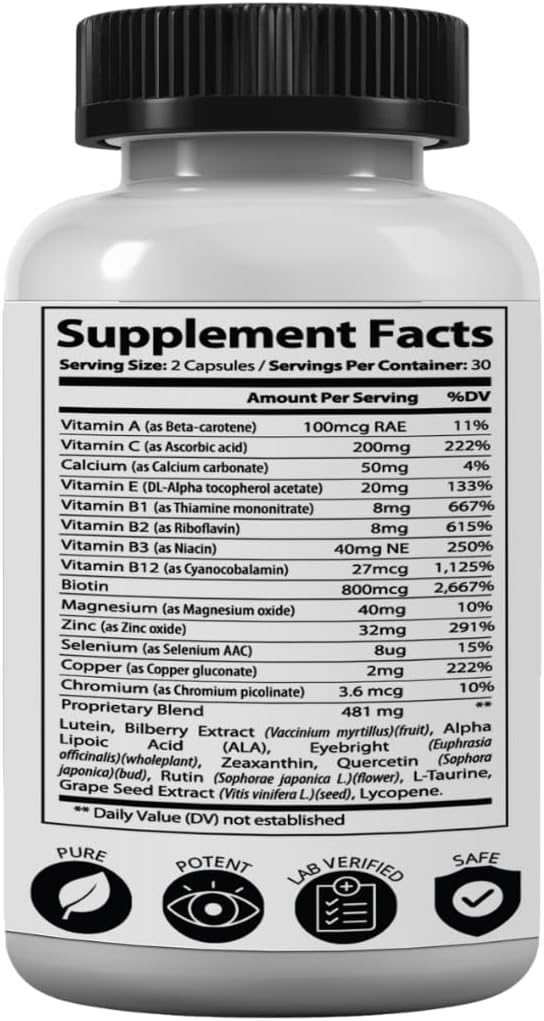 Research Labs Eye Vitamins Enhanced Absorption AREDS 2 Plus Formula 20mg Lutein, 10mg Zeaxanthin, Bilberry, Eyebright, Zinc, ALA, Quercetin & Other Proven Ingredients to Fight Eye Problems