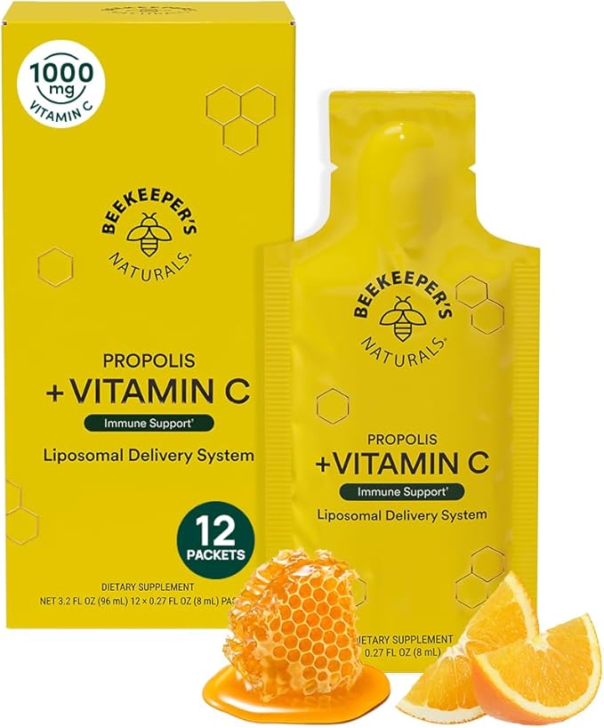 Propolis Liposomal Vitamin C by Beekeeper's Naturals, 1000mg Vitamin C, Propolis & Organic Honey, Supercharged Immune Support & Increased Bioavailibity for Max Absorption, 12 Ct