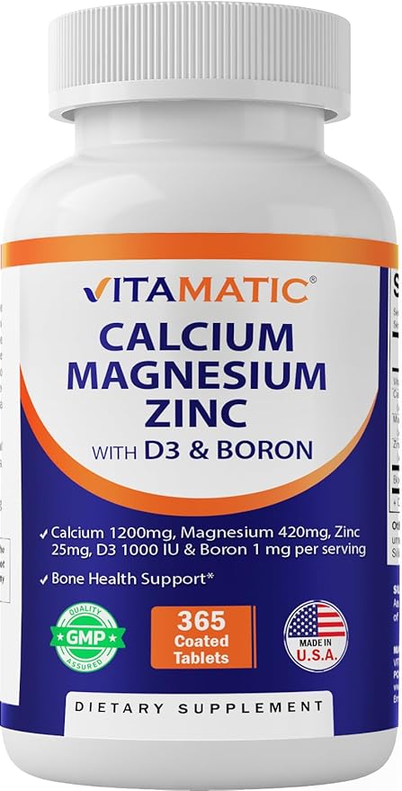 Vitamatic Calcium Magnesium Zinc D3 Boron | 365 Coated Tablets Supplement | Calcium 1200 mg, Magnesium 420mg, Zinc 25mg, Vitamin D3 1000 IU, Boron 1 mg | Non-GMO | Gluten Free | Made in USA