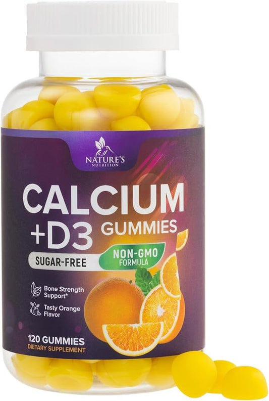 Sugar Free Calcium Gummy Bites Plus 400 IU Vitamin D3, Bone Health & Immune Support - Chewable Calcium Nutrition Supplement, Non-GMO, Orange Flavor Chews - 120 Gummies
