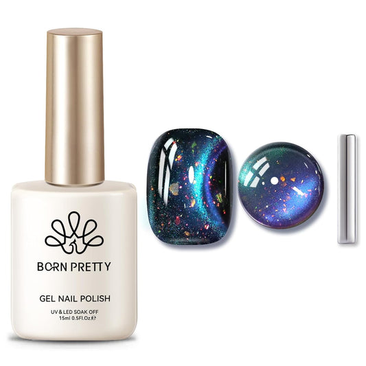 Born Pretty Cat Magnetic Eye Gel Nail Polish, Blue Starry Sky Glitter Cat Magnetic Gel Nail Polish, Holographic Magnetic Nail Polish for Nail Art Manicure Salon DIY at Home 15ML
