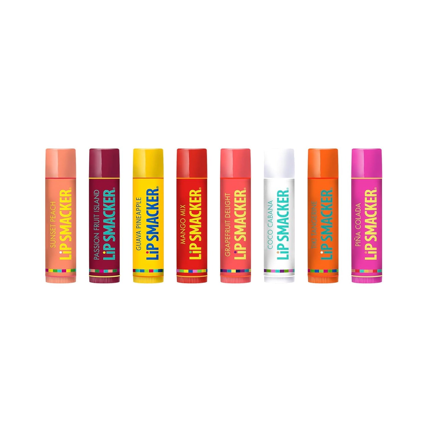 Lip Smacker Flavored Lip Balm Tropic Fever 8 Count (Pack of 1), Passion Fruit, Peach, Breezey-Teazey, Pina Colada, Grapefruit, Coca Cabana, Tangerine, Mango, Clear
