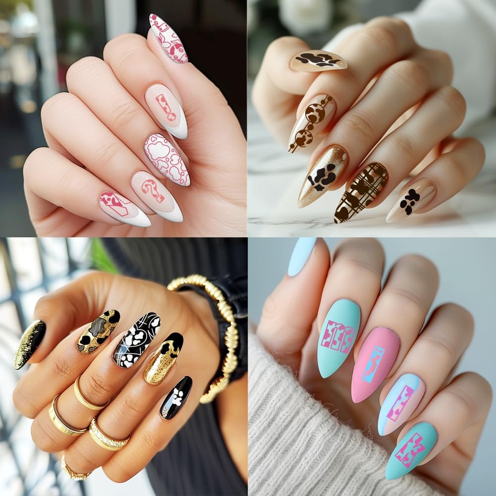 3Pcs Cute Cow Nail Stamping Plate Set Graffiti Spots Animal Heart ShapedStainless Steel Nail Templates Clear Silicone Nails Stamping with Stamper Scraper for Manicure Printing