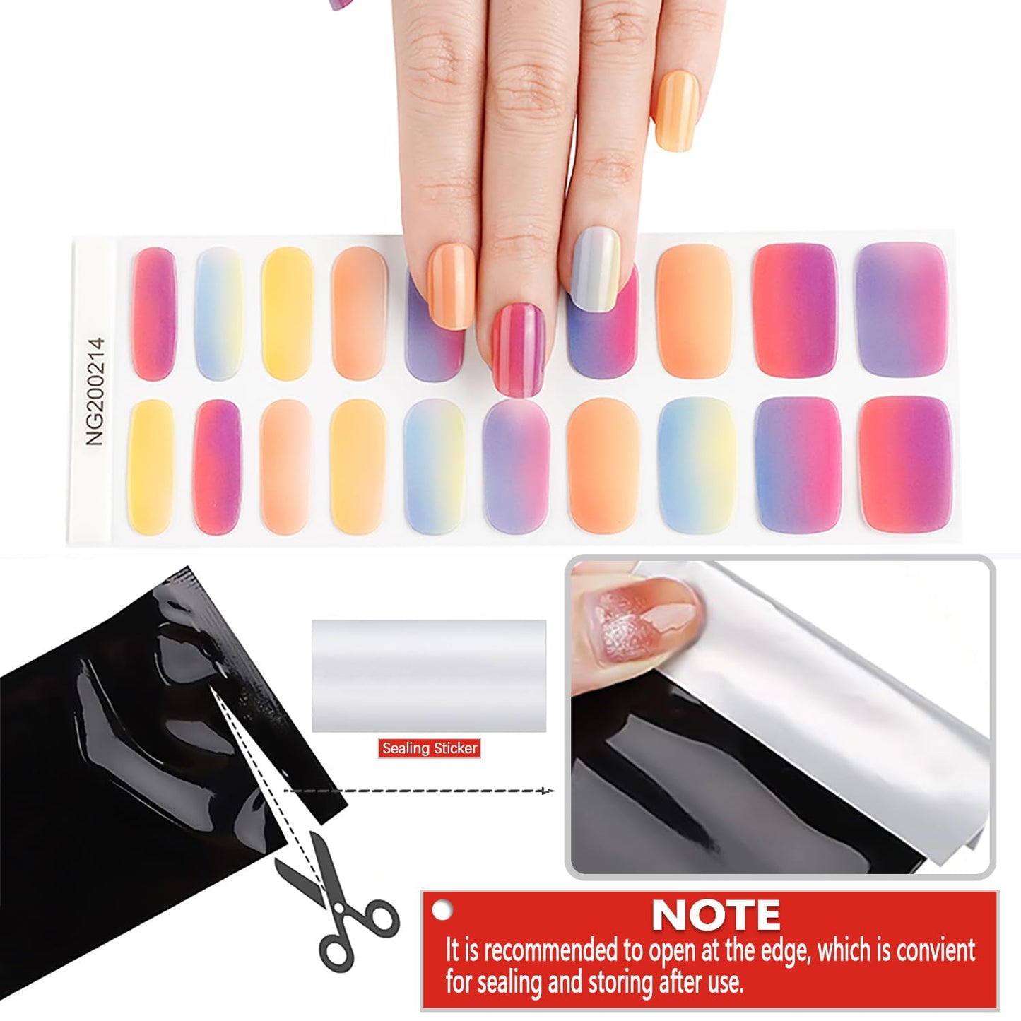 WOKOTO 20 Pcs Gradient Semi Cured Gel Nail Strips With Nail File & Wooden Stick Semicured Nail Polish Strips For Women Girls Gel Nail Wraps Uv Light Gel Nail Stickers Stick On Nails Gel Stickers