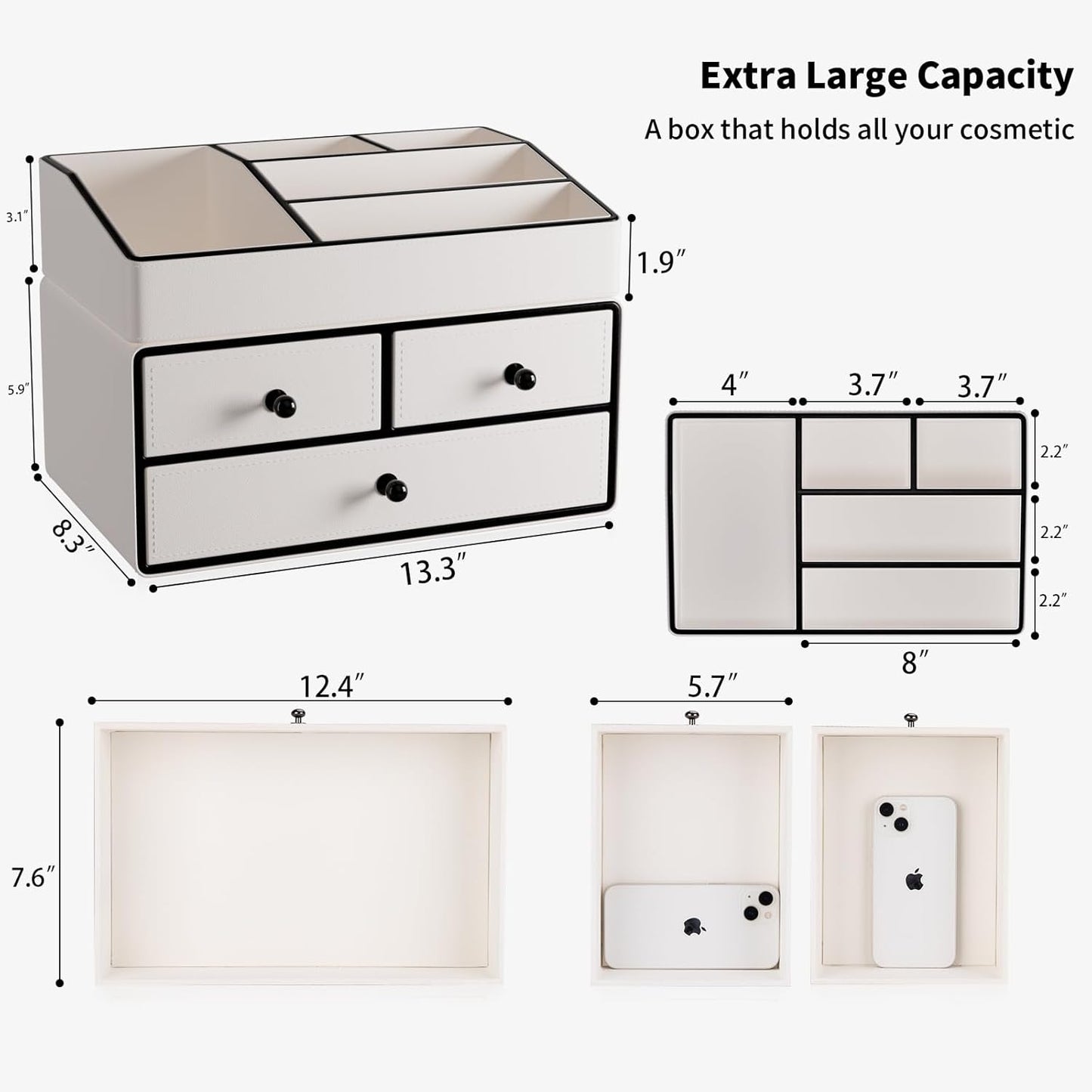 GORESE Leather Makeup Organizer with Drawers for Vanity, Stackable Skincare Holder Dresser Organizer Countertop, Make Up Storage Organizers Counter Cosmetic Display Case Gifts for Women(Cream White)