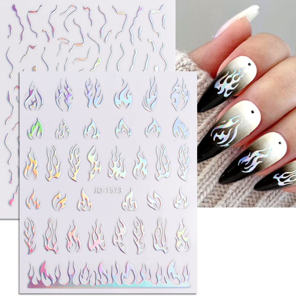 8 Sheets Aurora Silver Heart Nail Decals 3D Self Adhesive Design Star Stickers Holographic Butterfly Flame Nail Stickers for Women Girls DIY Manicure Tips Decoration