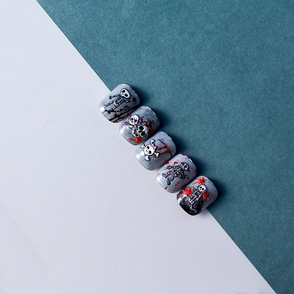 Halloween Nails Stickers Skeleton Nails Sticker 3D Embossed Red Blood Skull Self Adhesive Sticker Nail Decals Funny Skeleton Body Nail Art Decal Halloween Decals for Nail DIY Manicure 1Sheet