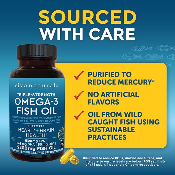 Viva Naturals Triple Strength Omega 3 Fish Oil Supplement - 2500 mg Fish Oil with Re-Esterified Omega 3 Fatty Acids Including EPA, DHA DPA - 60 Pescatarian-Friendly Softgels