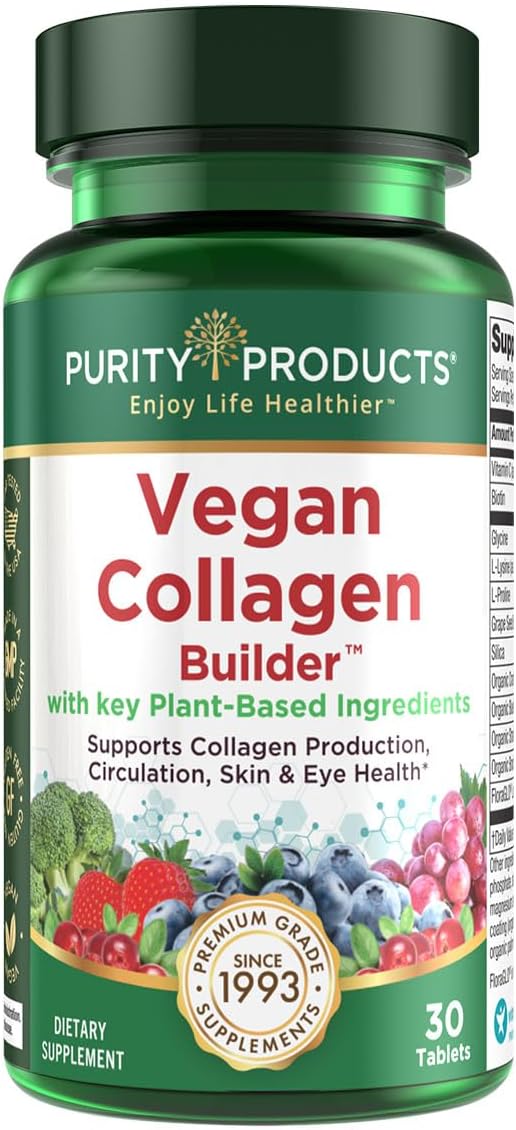 Vegan Collagen Builder - Organic Whole Foods Fruits + Veg, Silica, Lutein, Vitamin C, Biotin, Grape Seed - Amino Acids Glycine, Lysine + Proline Collagen Boosters - Once A Day - 30 Tablets