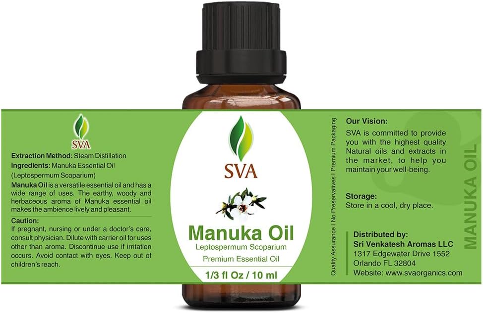 SVA Manuka Essential Oil – 1/3 Fl Oz – 100% Natural Manuka Oil - for Diffuser, Hair Care, Face, Skin Care, Aromatherapy, Scalp and Body Massage, Soap and Candle Making
