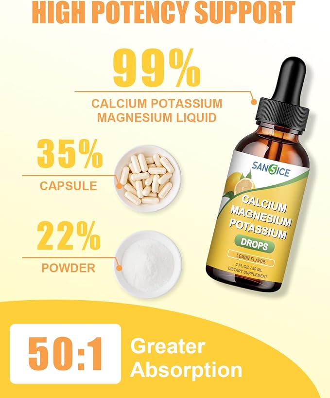 Calcium Magnesium Potassium Supplement Liquid,400mg Magnesium Glycinate,600mg Calcium Magnesium Drop Supplement with Vitamin D and Zinc (60ml/Lemon Flavor)