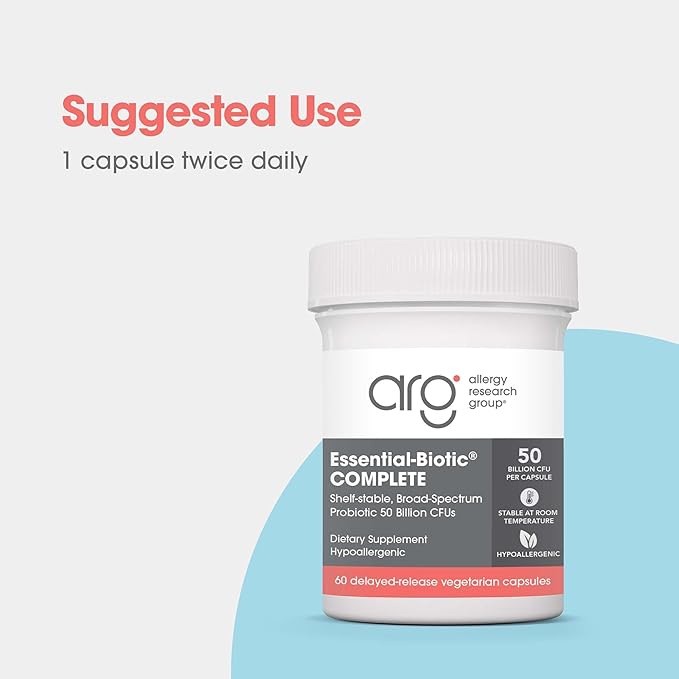 Allergy Research Group Essential-Biotic Complete Supplement - High Potency Probiotics for Men & Women, Supports Gut & Digestive Health, 50 Billion CFUs, Delayed-Release Vegetarian Capsules - 60 Count