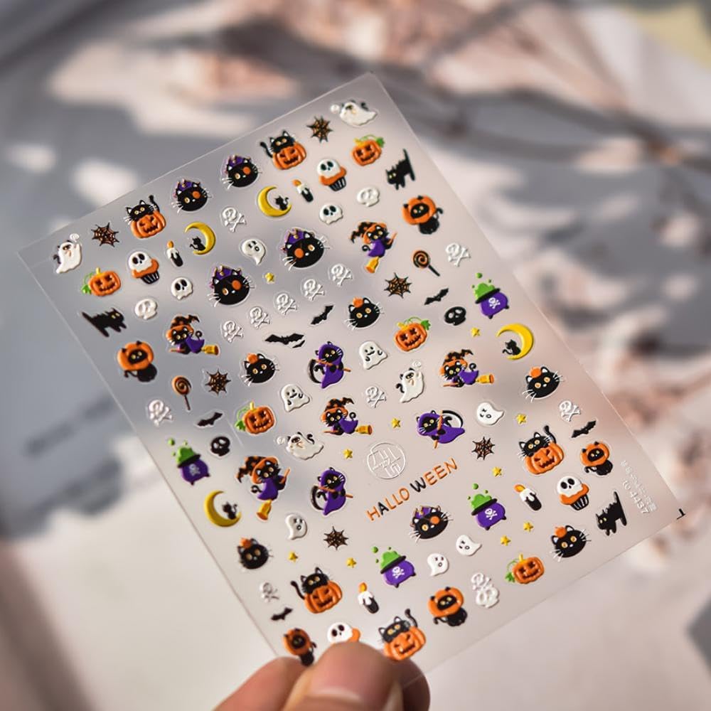 Halloween Nail Stickers Ghost Pumpkin Nail Art Decals Cat Nail Art Stickers with Design 5D Embossed Self Adhesive Cute Nails Charms Supply for Women Girls Kid Manicure Decoration