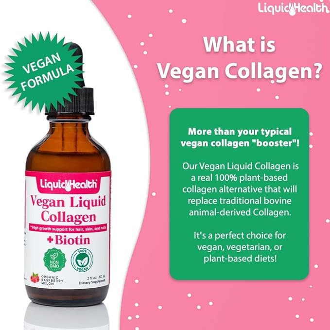 LIQUIDHEALTH 100% Vegan Collagen Plus Biotin 100,000mcg Liquid Drops - Plant-Based Liquid Collagen for Women, Men - Hair & Nail Growth, Skin Health, Boosts Metabolism - Non-GMO, Sugar Free (2 oz)