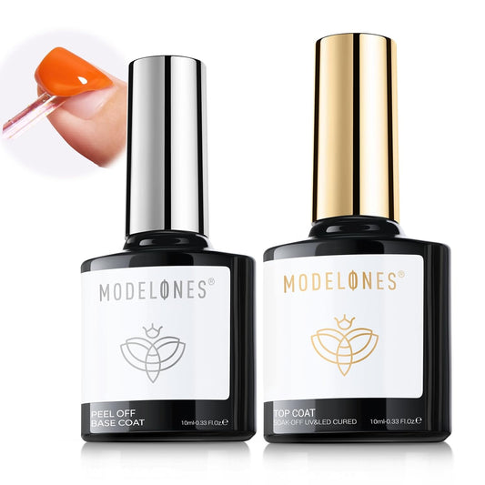 Modelones Gel Top Coat and Peel Off Base Coat Set, 2 Pcs No Wipe Clear Top Gel Nail Polish and Peelable Practice Base Easy Removal, Nail Art Manicure DIY Gift for Weak Thin Nails Beginner Women 10ml