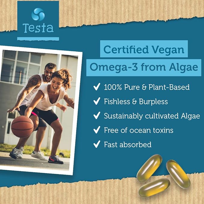 Testa Omega-3 Supplement - Vegan Based Omega 3 DHA EPA Capsules from Algae - Omega 3 Fatty acids - Supports Heart, Brain & Joint Health - Plastic Negative, RTG, and Kosher - Two Months Supply