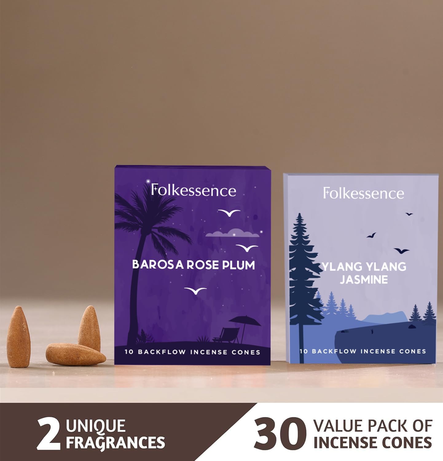 Folkulture Backflow Incense Cones for Home | Pack of 2 (20) Waterfall Sleep Incense Cone Scented | Dual Set - Ylang Ylang & Jasmine | Natural Fragrances | Barossa Rose Plum Incense
