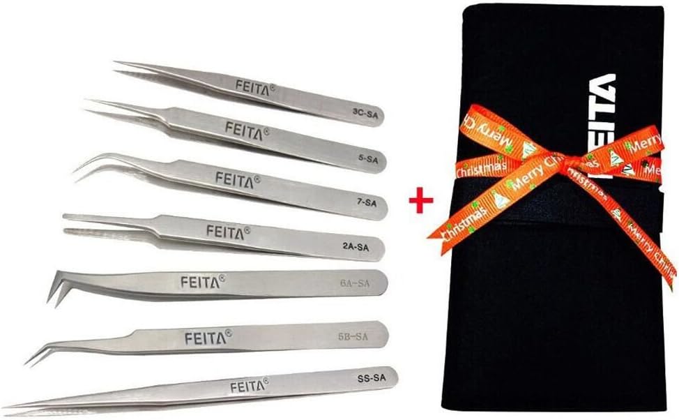 Professional Tweezers Set - FEITA Precision Tweezers with Travel Case - Stainless Steel Tweezers for Plucking, Watchmakers, Jewelry, Electronic, Craft (Silver 7Pcs)