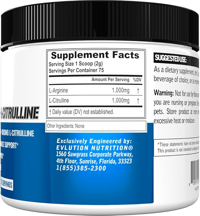 Evlution Nutrition L-Arginine + L-Citrulline - Endurance + Workout Performance Supplement - 2000mg Complex - Vasodilation + Nitric Oxide Support - Vegan + Gluten Free Powder - 75 Servings