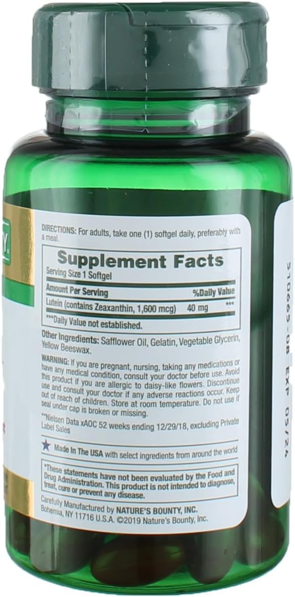 Nature's Bounty Lutein Pills, Eye Health Supplements and Vitamins, Support Vision Health, 40 mg, 30 Softgels