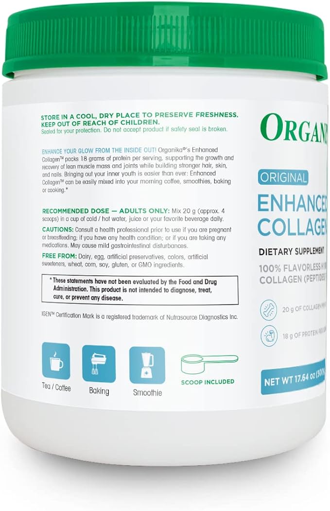 Organika Enhanced Collagen Peptides Protein Powder for Healthy Hair, Skin, Nails, Joints - Hydrolyzed for Better Absorption - Grass-Fed, Non-GMO, Type I and III - Unflavored 17.64 oz