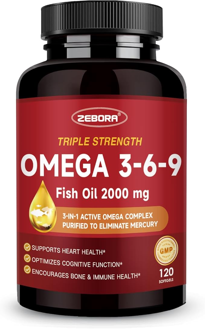 Triple Omega 3-6-9 Fish Oil 2000mg - High Potency with Vitamin D3 & Astaxanthin, Support for Heart, Brain and Immune Health - Includes Flaxseed & Borage, 60 Servings