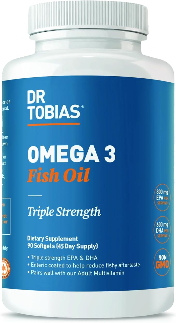 Dr. Tobias Omega 3 Fish Oil, 2000mg Triple Strength Omega 3 Supplement with 800mg EPA 600mg DHA Per Serving, Fish Oil Omega 3 Supplements for Heart, Brain & Immune Support, 90 Softgels, 45 Servings