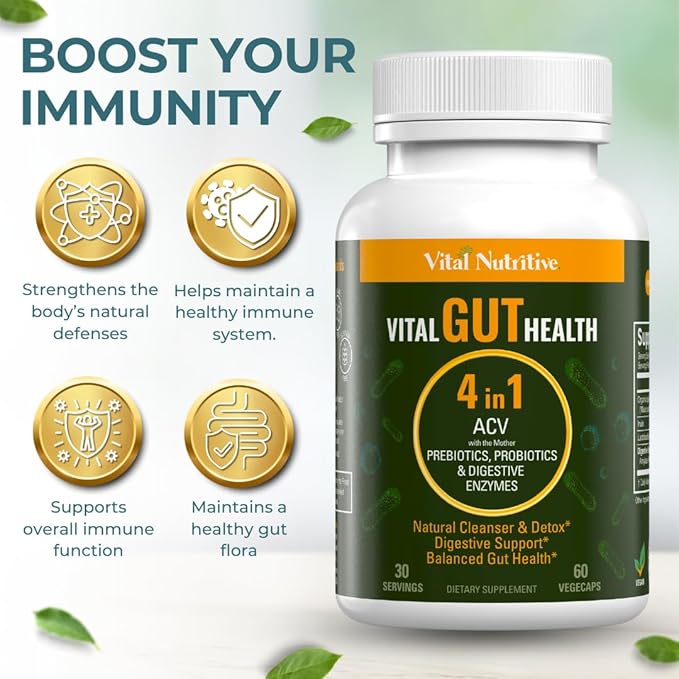 Vital Gut Health 4in1 Formula with Apple Cider Vinegar, Prebiotics & Probiotics, Digestive Enzymes for Strong Immunity Support and Complete Gut and Digestion Support